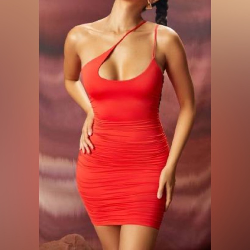 Oh Polly Asymmetric Ruched Mini Dress in Red